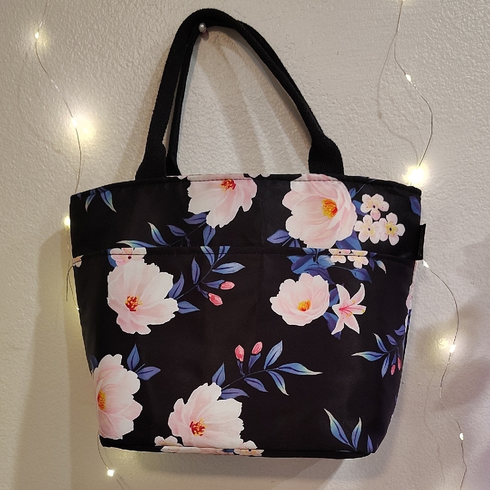 Chic Black and Pink Floral Lunch Tote Bag